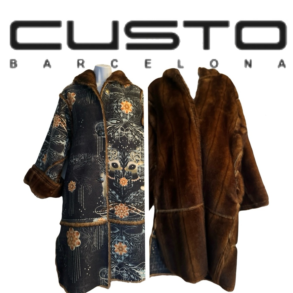 Custo Barcelona Reversible Coat with Fur or Floral and Brown Design.
